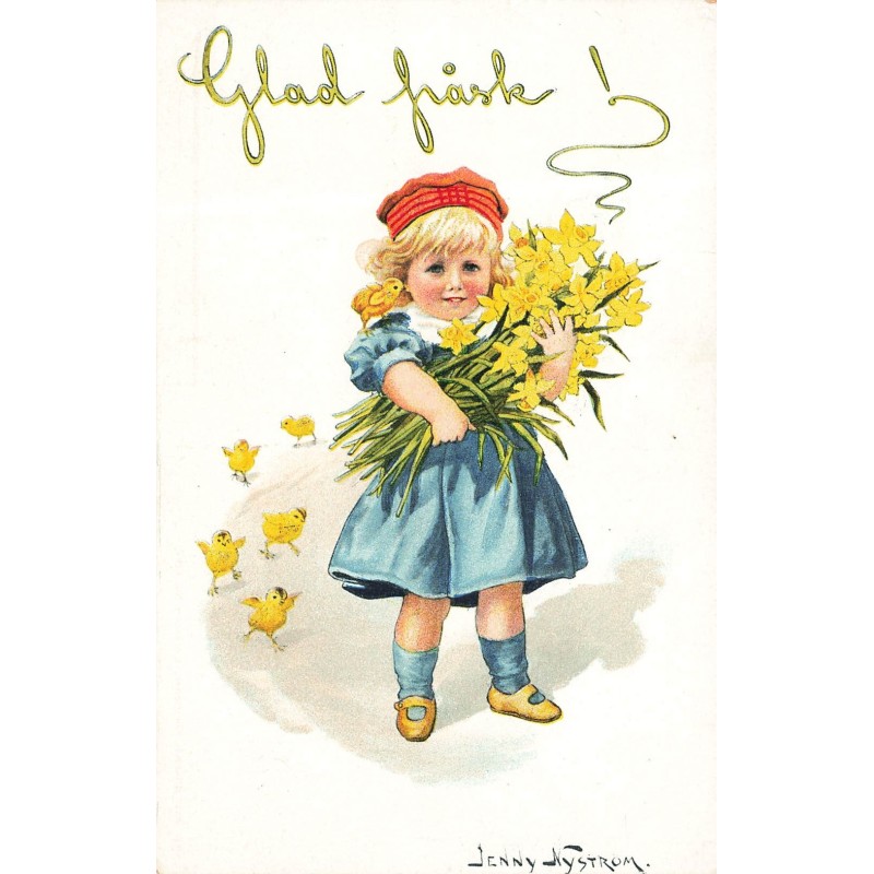 n°28086 - Jenny Nyström - Glad Fräsk - Fillette portant un bouquet de jonquille, suivie par des poussins
