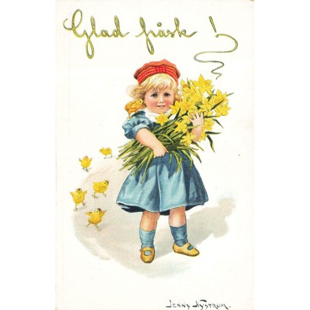 n°28086 - Jenny Nyström - Glad Fräsk - Fillette portant un bouquet de jonquille, suivie par des poussins