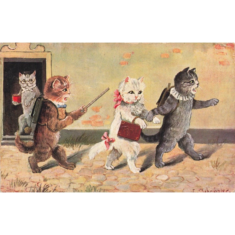 n°28090 - Fantaisie - Schröpler - Chats portant des cartables allant à l'Ecole