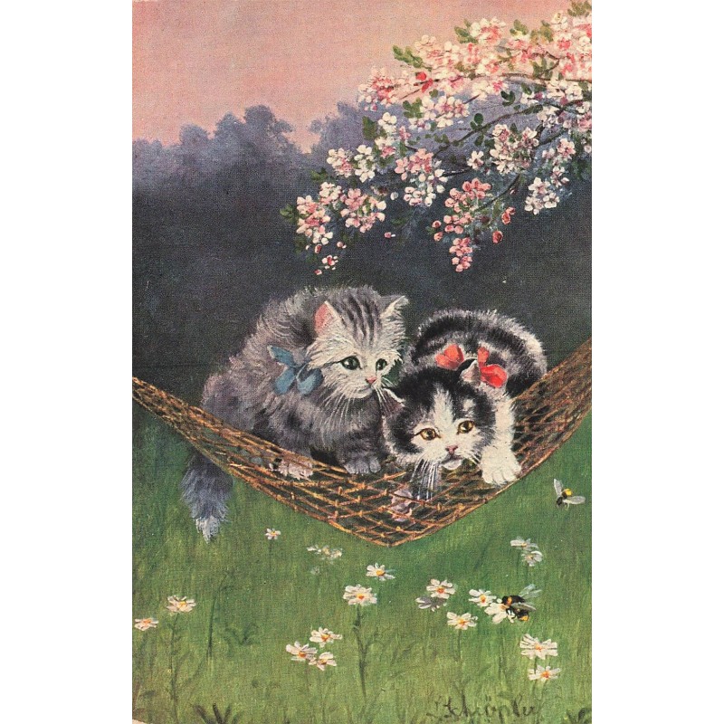 n°28092 - Animaux - Illustrateur Schröpler - Chat - Chats sur un hamac, regardant des abeilles
