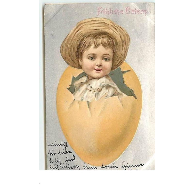 n°13234 - Carte Gaufrée - Fröhliche Ostern - Tête d'enfant sortant d'un oeuf