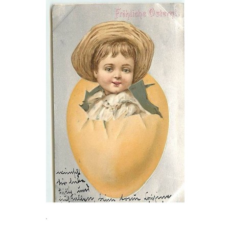 n°13234 - Carte Gaufrée - Fröhliche Ostern - Tête d'enfant sortant d'un oeuf