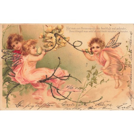 n°28097 - Carte avec Paillettes - Clapsaddle - Anges se téléphonant avec des fleurs