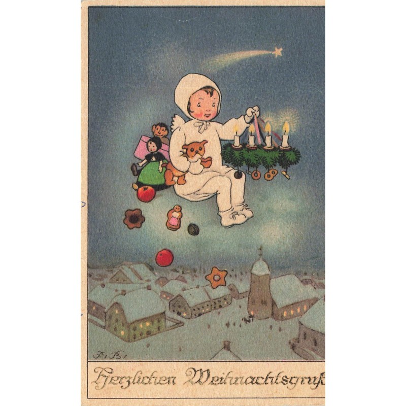 n°28102 - Illustrateur F. Baumgarten - Herzlichen Weihnachtsgruss - Ange au-dessus d'un village