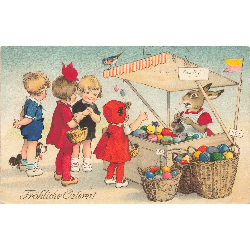 n°28103 - Illustrateur F. Baumgarten - Fröhliche Ostern - Enfants achetant des oeufs à une lièvre habillée tricotant