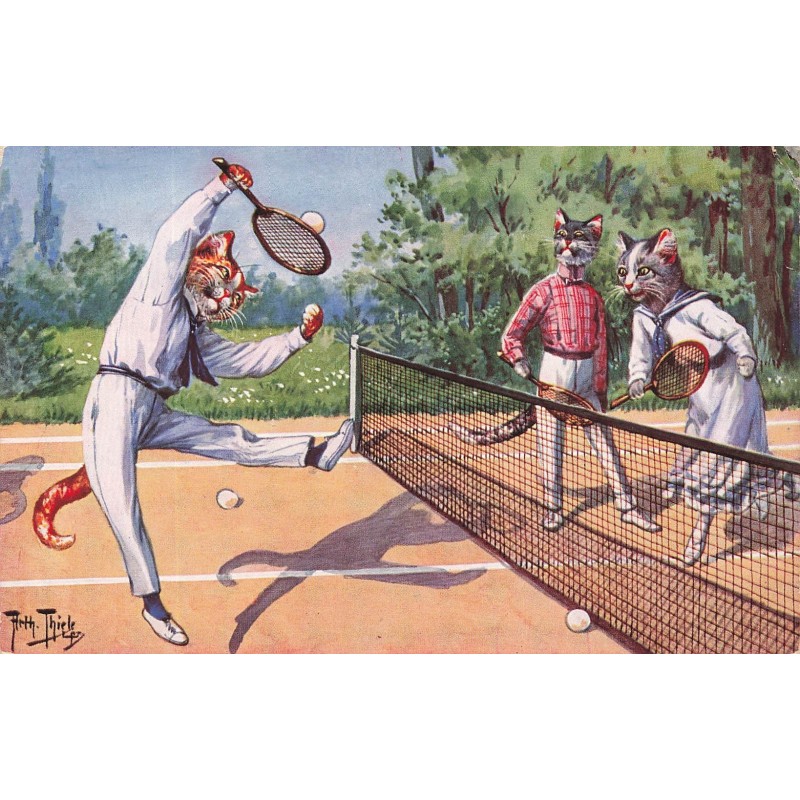 n°28104 - Illustrateur Arthur Thiele - Chats humanisés - Partie de Tennis