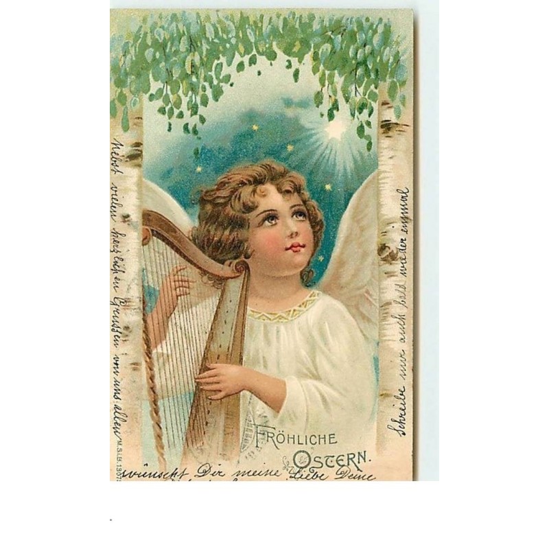 n°13237 - Carte Fantaisie - Fröhliche Ostern - Ange jouant de la Harpe