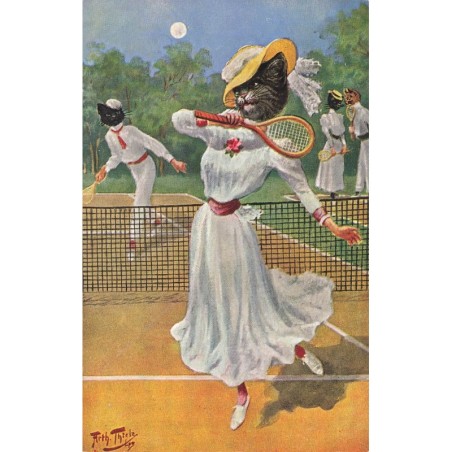 n°28105 - Illustrateur Arthur Thiele - Chats humanisés - Partie de Tennis