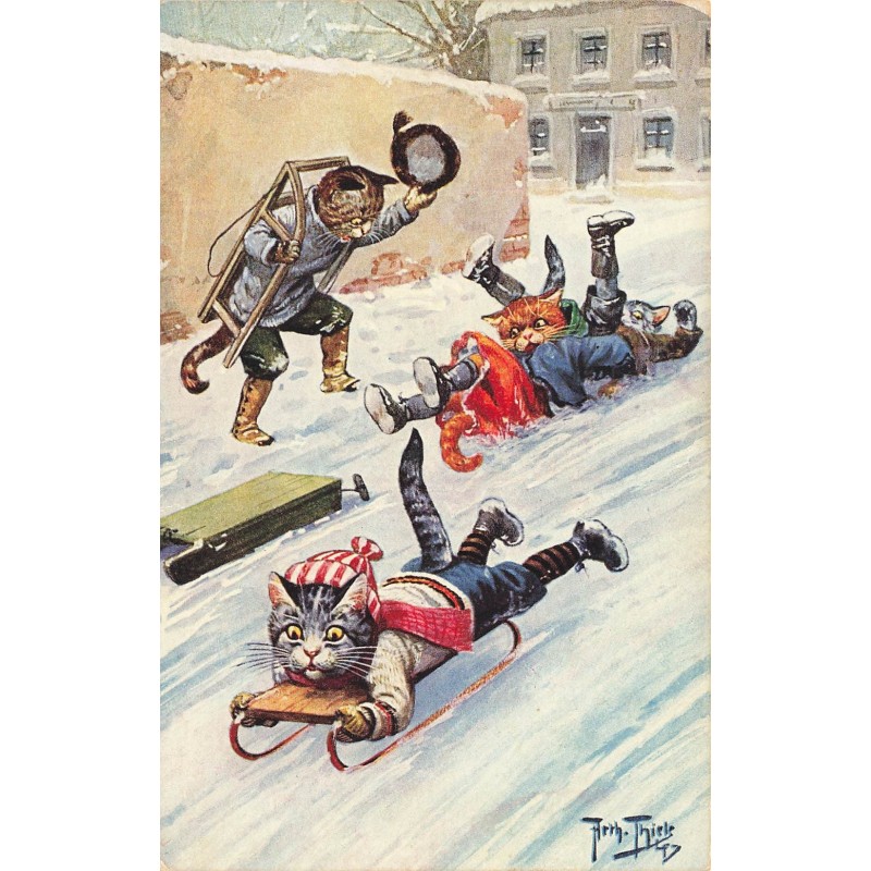 n°28106 - Illustrateur Arthur Thiele - Chats humanisés - Descente d'une rue en luge