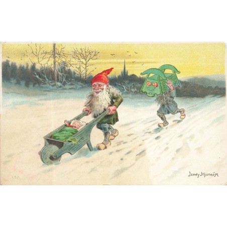 n°28111 - Jenny Nyström - Des nains marchant dans la neige, avec un bébé dans une brouette