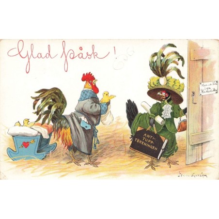 n°28114 - Pâques - Illustrateur Jenny Nyström - Glad Pask - Un coq,  une poule et des poussins humanisés