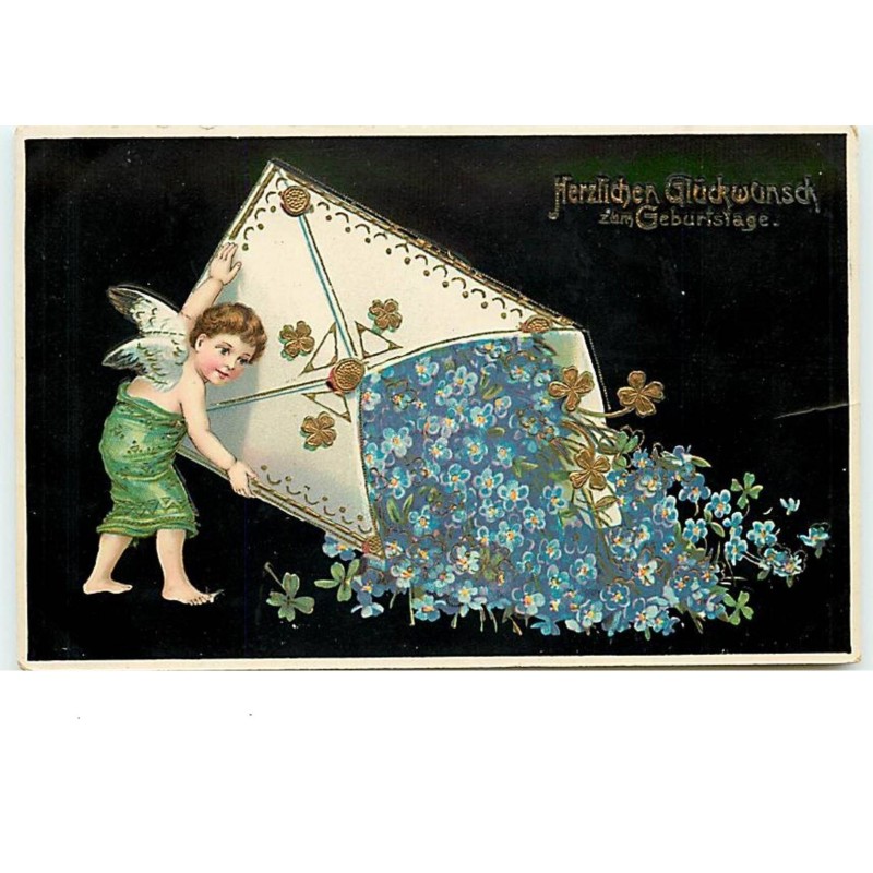 n°13238 - Herzlichen Glückwunsch zum Geburtstage - Ange ouvrant une lettre remplie de fleurs