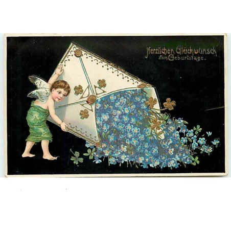 n°13238 - Herzlichen Glückwunsch zum Geburtstage - Ange ouvrant une lettre remplie de fleurs