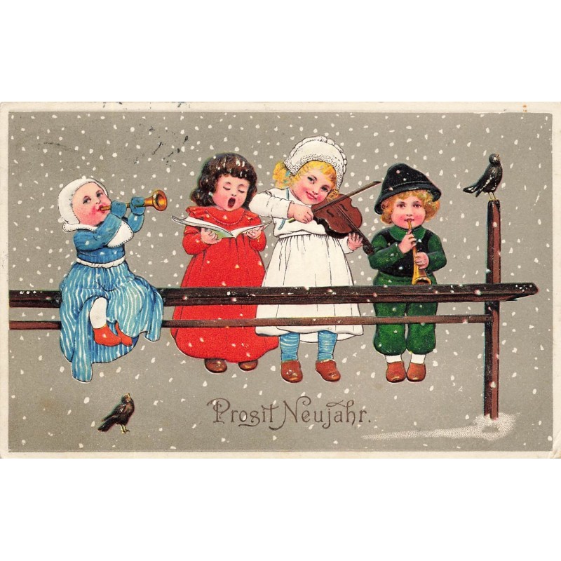 n°28118 - Carte Gaufrée - Flatscher 8078 - Prosit Neujahr - Enfants chantant sous la neige