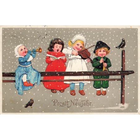 n°28118 - Carte Gaufrée - Flatscher 8078 - Prosit Neujahr - Enfants chantant sous la neige