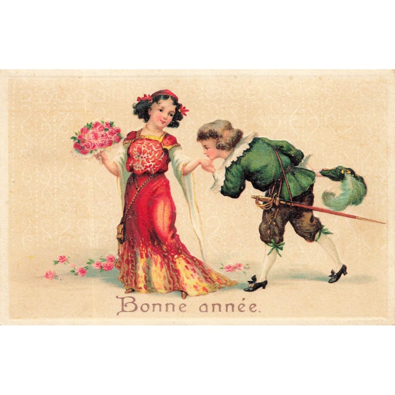n°28119 - Carte Gaufrée - Bonne Année - Jeune homme faisant le baise-main à une jeune fille