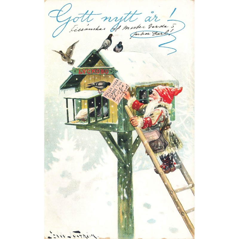 n°28123 - Jenny Nyström - Gott nytt är - Nain déposant un mot à des pigeons voyageurs