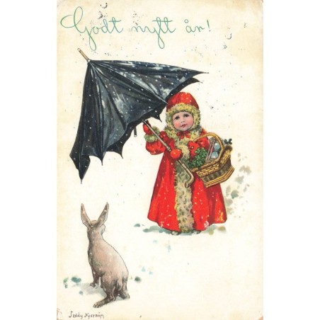 n°28125 - Jenny Nyström - Gott nytt är - Fillette avec un parapluie, regardant un lièvre