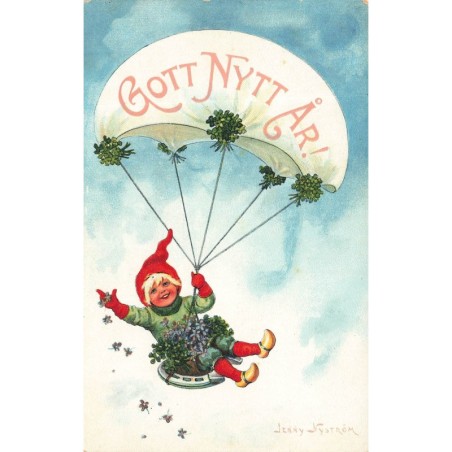 n°28126 - Jenny Nyström - Gott nytt är - Garçon sous un parachute, assis sur un fer à cheval