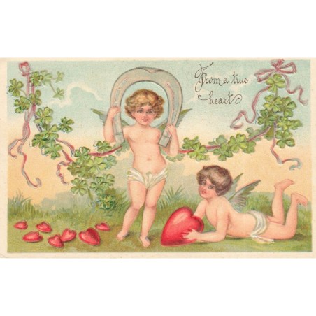 n°28129 - Carte Gaufrée - 389/90 - From a true heart - Anges jouant avec des coeurs et un fer à cheval