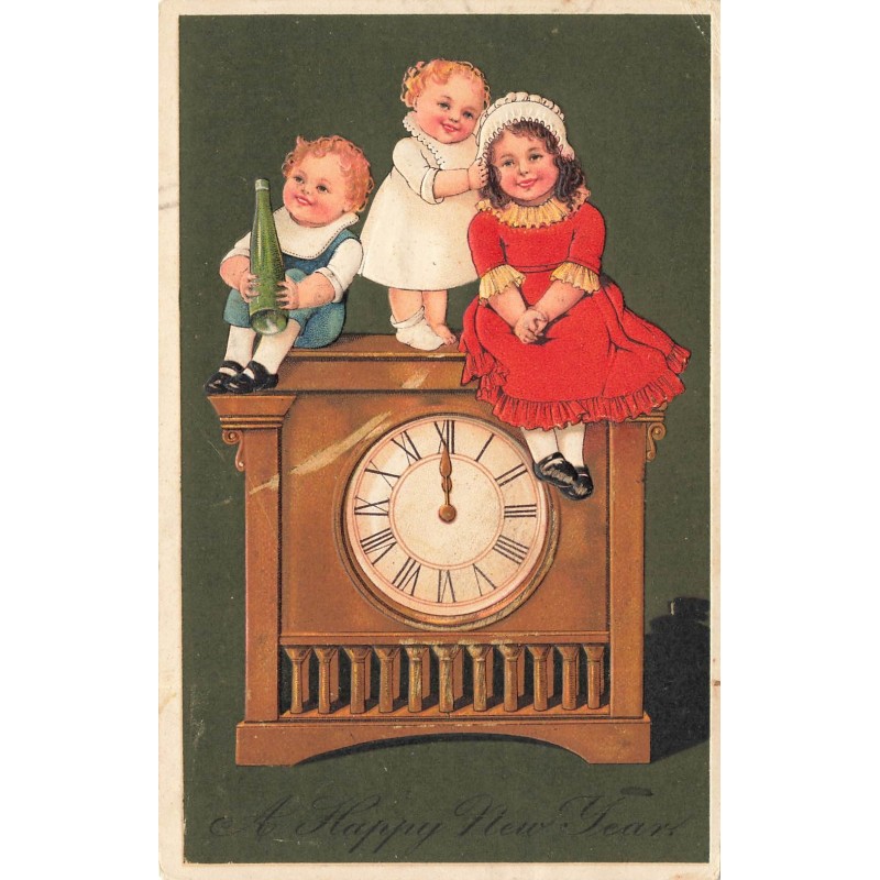n°28147 - Carte Gaufrée - 7954 - Flatscher - A Happy New Year - Enfants assis sur une pendule