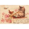 n°28149 - Animaux - Raphael Tuck - Chat jouant du trombone pour un oiseau