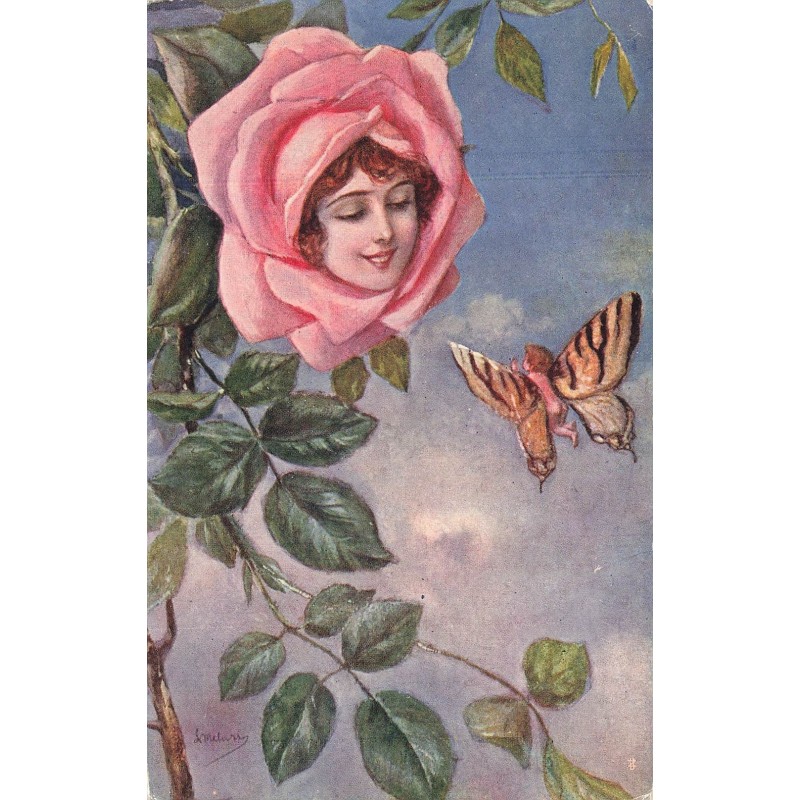 n°28154 - Illustrateur - Portrait d'une jeune femme au milieu d'une rose, regardant un papillon humanisé