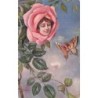 n°28154 - Illustrateur - Portrait d'une jeune femme au milieu d'une rose, regardant un papillon humanisé