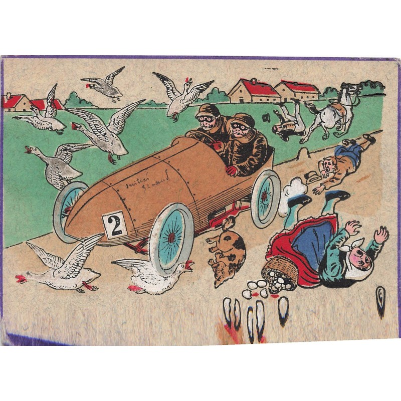 n°28155 - Illustrateur - Hommes dans une voiture de course écrasant une fermière, et ses oies