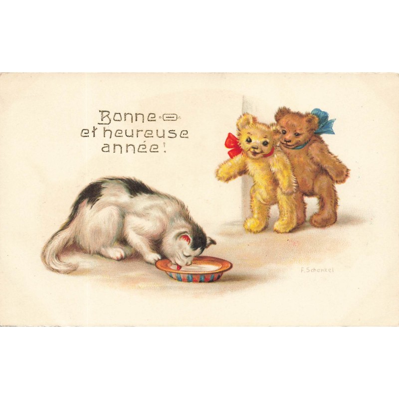 n°28158 - F. Schenkel - Bonne et Heureuse Année - Ours en peluche regardant un chat boire du lait - Teddy Bear