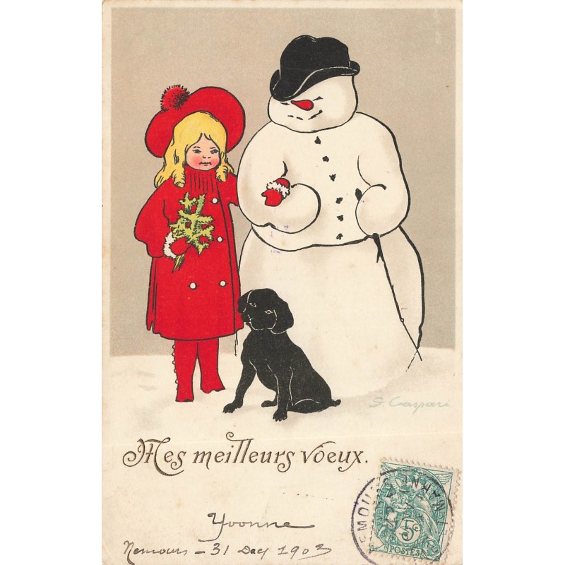 n°28159 - Nouvel An - Caspari - Mes Meilleurs Voeux - Une fillette au bras d'un bonhomme de neige, et un chien