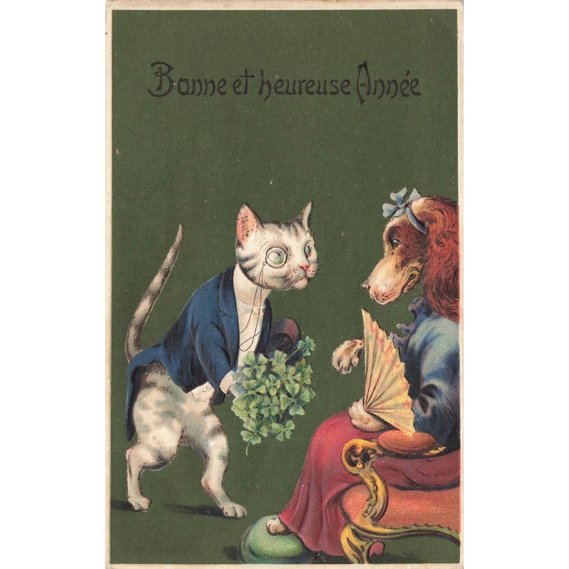 n°28160 - Carte Gaufrée - Bonne et Heureuse Année - Chat et chien humanisés
