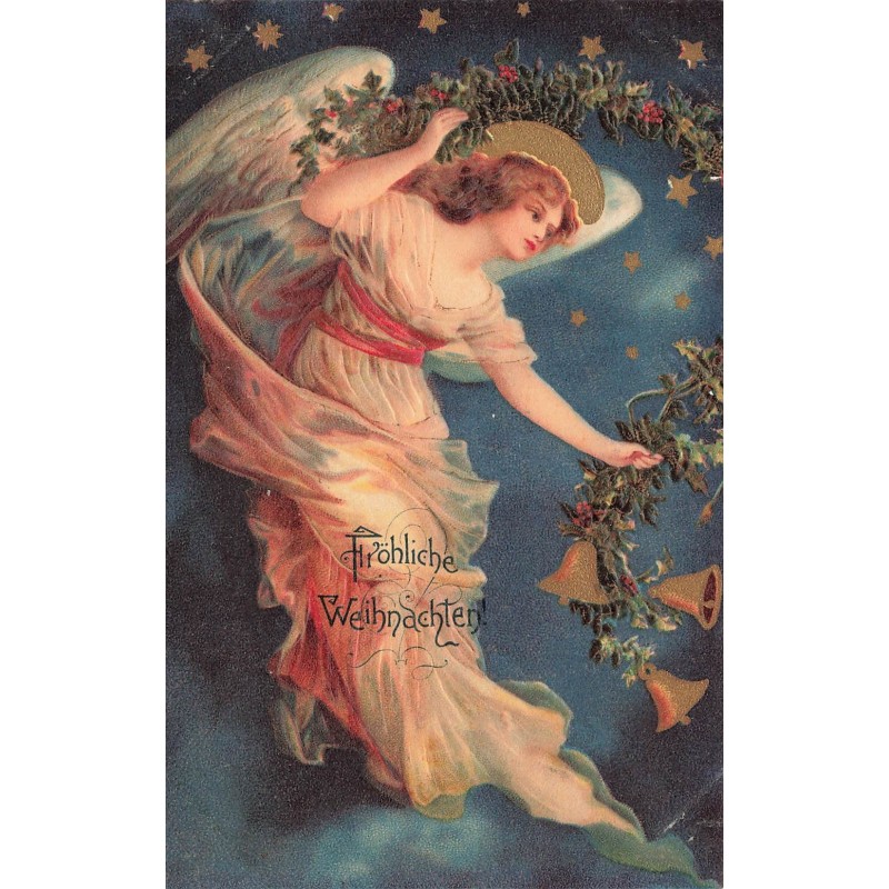 n°28163 - Carte Gaufrée - Clapsaddle - Fröhliche Weihnachten - Ange gardien tenant une guirlande avec des cloches