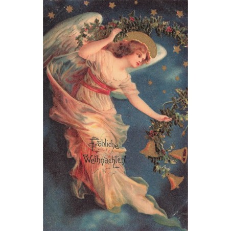 n°28163 - Carte Gaufrée - Clapsaddle - Fröhliche Weihnachten - Ange gardien tenant une guirlande avec des cloches