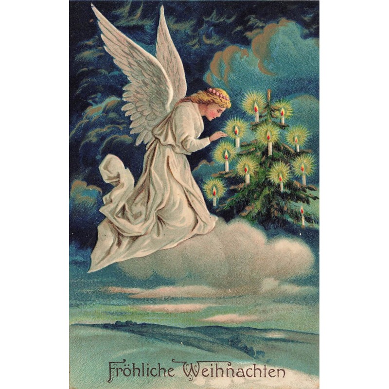 n°28164 - Carte Gaufrée - Fröhliche Weihnachten - Ange gardien priant près d'un sapin éclairé par des bougies