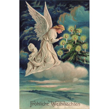 n°28164 - Carte Gaufrée - Fröhliche Weihnachten - Ange gardien priant près d'un sapin éclairé par des bougies