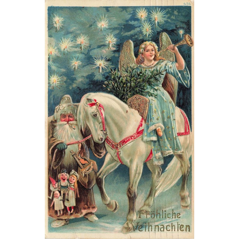 n°28166 - Carte Gaufrée - Fröhliche Weihnachten - Ange gardien sur un cheval, tenu par le Père Noël