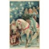 n°28166 - Carte Gaufrée - Fröhliche Weihnachten - Ange gardien sur un cheval, tenu par le Père Noël