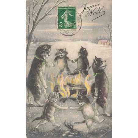 n°28170 - Joyeux Noël - Boulanger - Une famille de chat dansant autour d'un feu, sous la neige