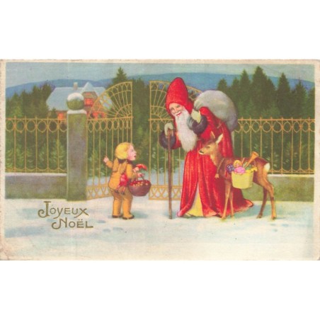 n°28171 - Joyeux Noël - Père Noël et un ange ouvrant le portail d'une maison