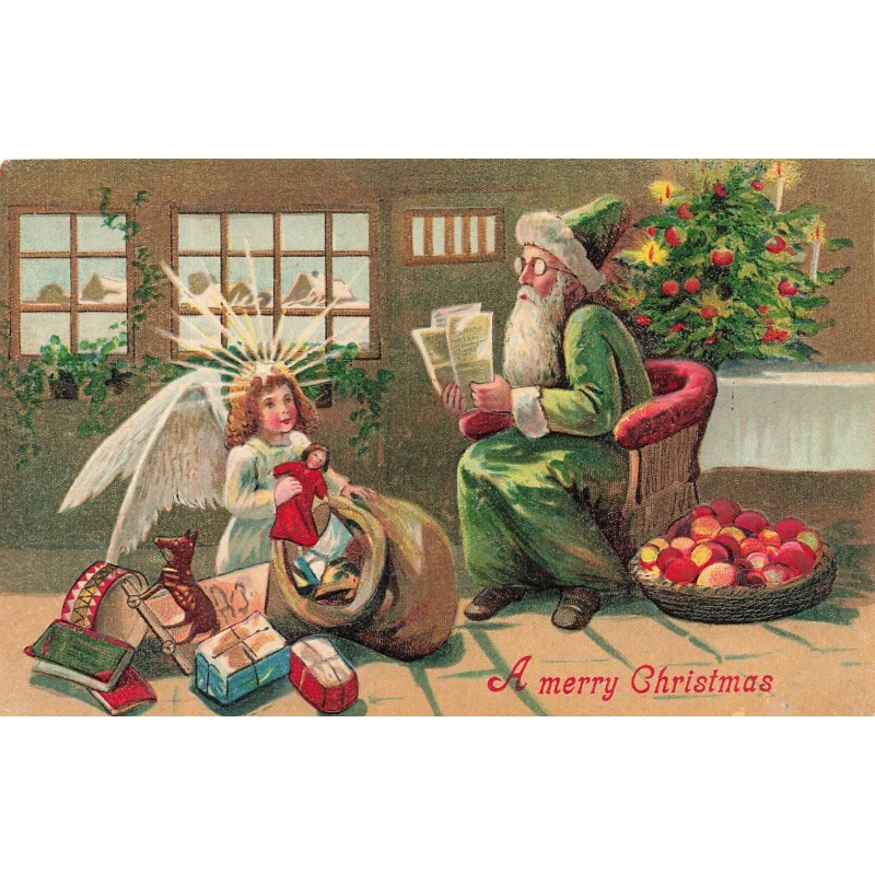 n°28173 - Carte Gaufrée - A Merry Christmas - Père Noël et un ange préparant son sac, en le remplissant de jouets