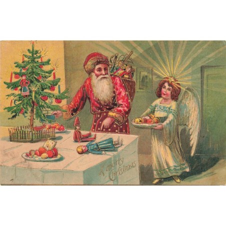 n°28174 - Carte Gaufrée - A Merry Christmas - Père Noël déposant des jouets, et un Ange apportant des pommes