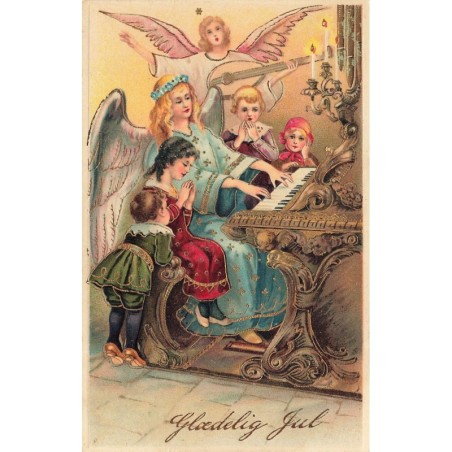 n°28175 - Carte Gaufrée - Noël - Glaedelig Jul - Enfants autour d'un Ange Gardien jouant du piano