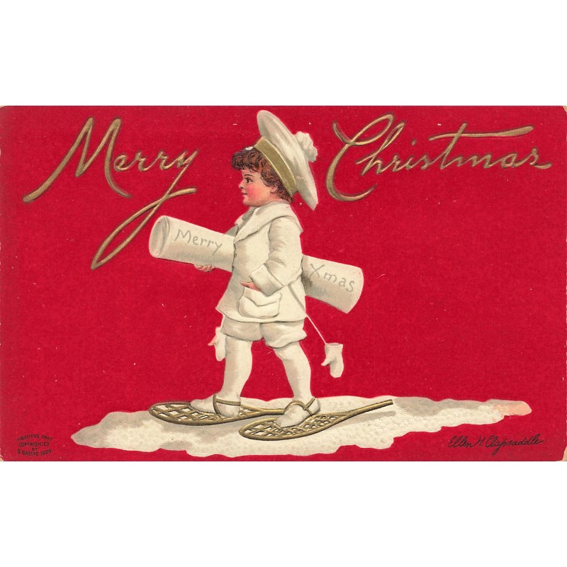 n°28176 - Carte Gaufrée - Illustrateur Ellen Clapsaddle - Merry Christmas - Enfant marchant avec des raquettes