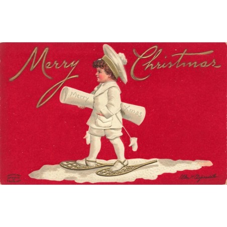 n°28176 - Carte Gaufrée - Illustrateur Ellen Clapsaddle - Merry Christmas - Enfant marchant avec des raquettes