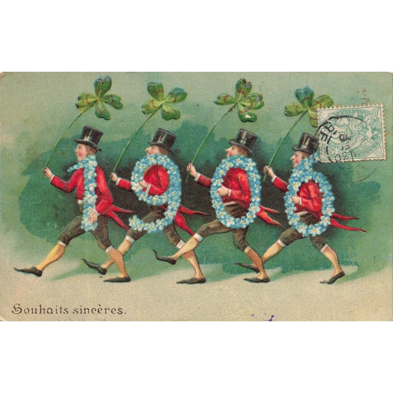 n°28180 - Carte Gaufrée - Clapsaddle - Nouvel An - 1906 - Souhaits Sincères - Hommes tenant des trèfles