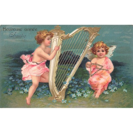 n°28182 - Carte Gaufrée - Clapsaddle - Heureuse Année - Anges, l'un jouant de la harpe, l'autre du triangle