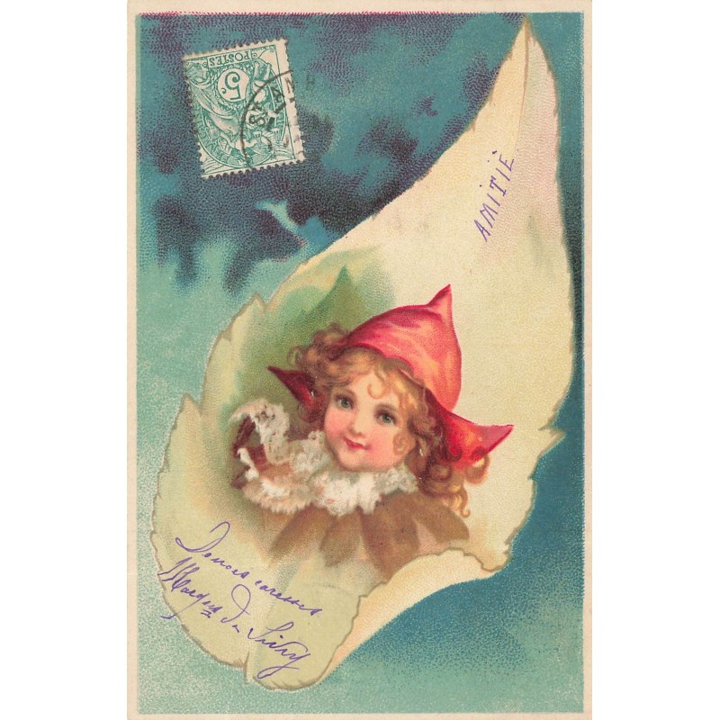n°28184 - Fantaisie - Clapsaddle - Portrait d'un enfant au milieu d'une feuille, sur fond vert