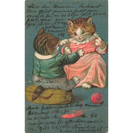 n°28195 - Fantaisie - Animaux Habillés- Chats jouant avec une pelote de laine
