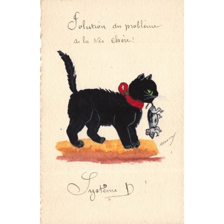 n°28199 - Animaux - Carte peinte à la Main - Chat noir ayant attrapé une souris